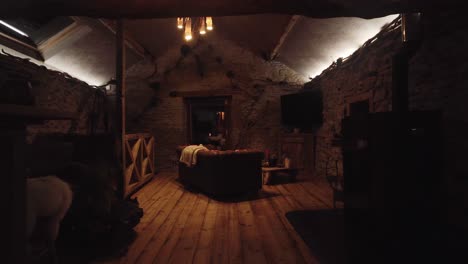 beautiful modern farm house interior wide shot of the living room