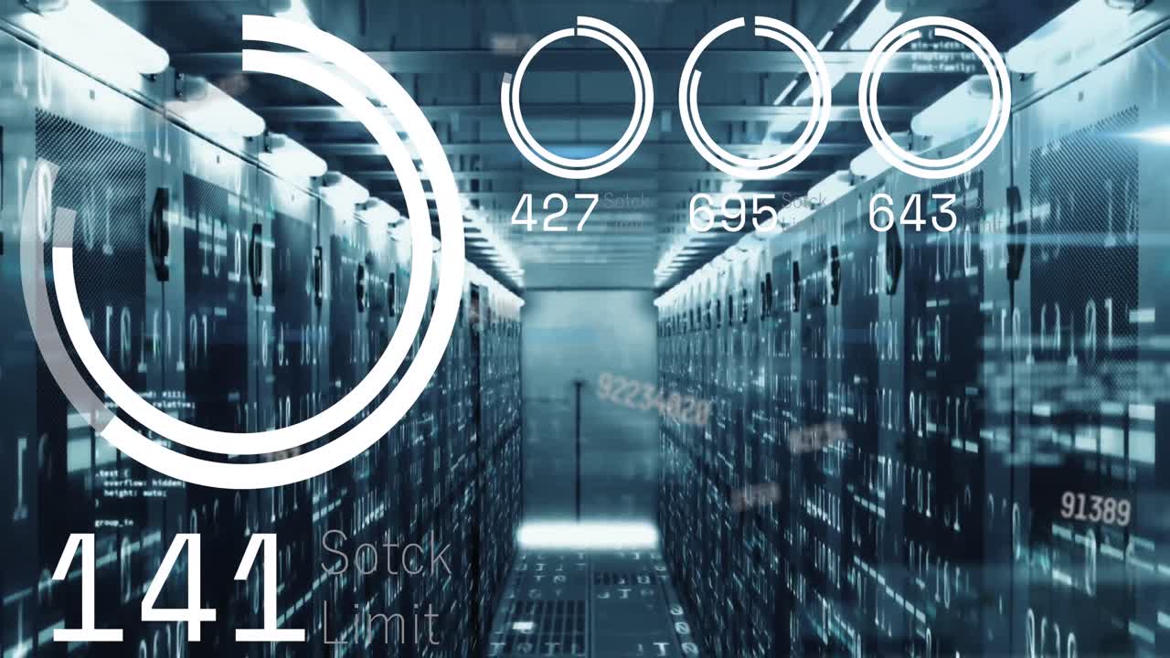 animación de círculos de carga con números y códigos sobre la sala de servidores de red