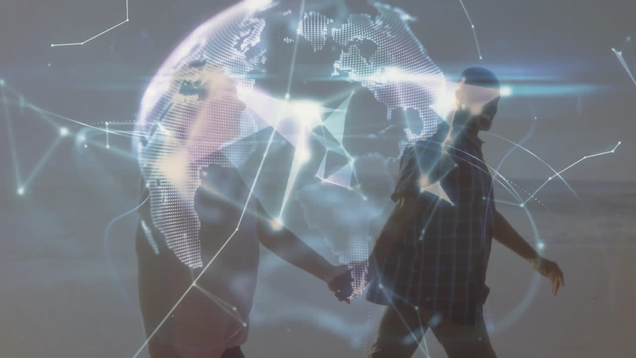 couple holding hands walking along beach at dusk, showing holographic globe with tech network nodes