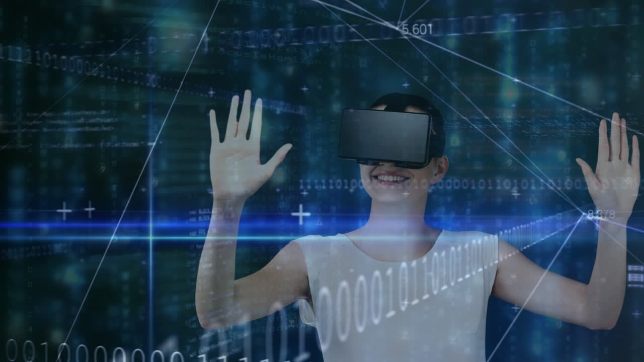 가상 현실 헤드을 사용하여 디지털 데이터와 바이너리 코드와 상호 작용하는 사람