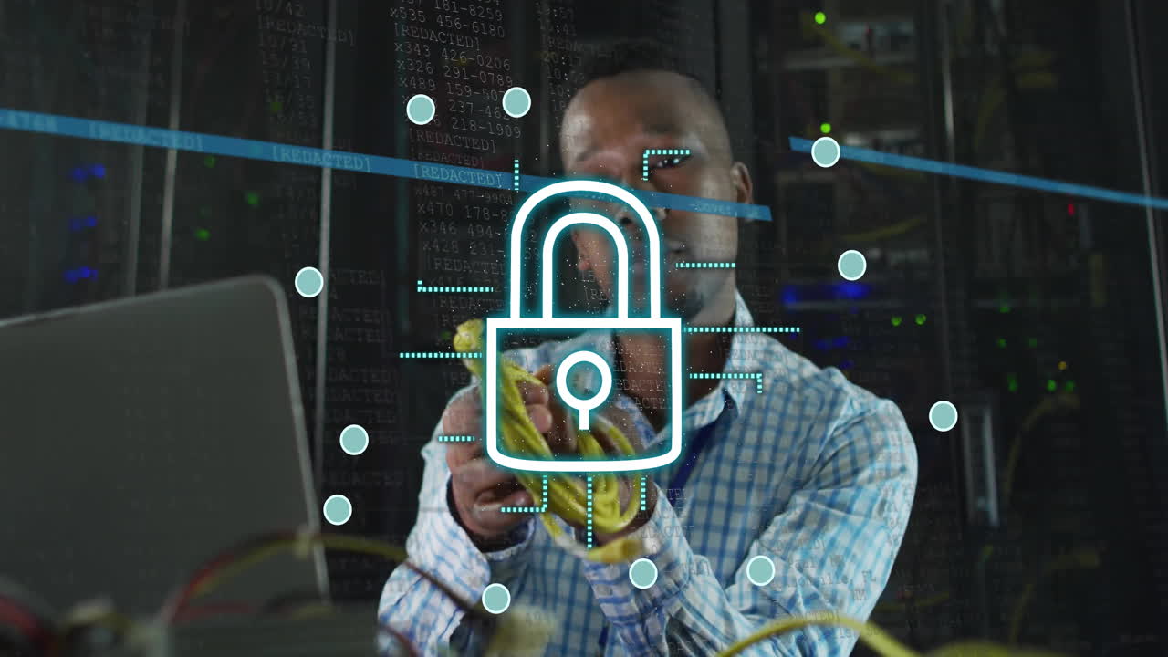 Lock and network security animation over man working with cables in server room