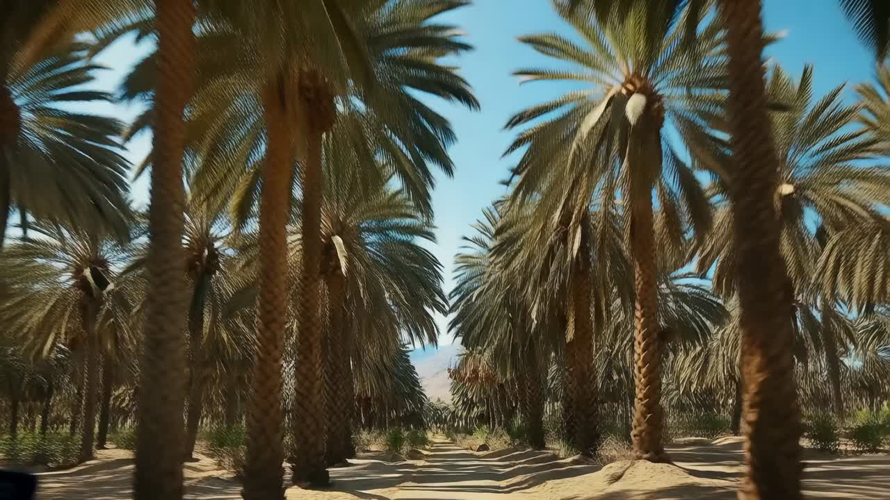 Moving camera forward along dirt path through date palms, revealing ripening date cluster close-up