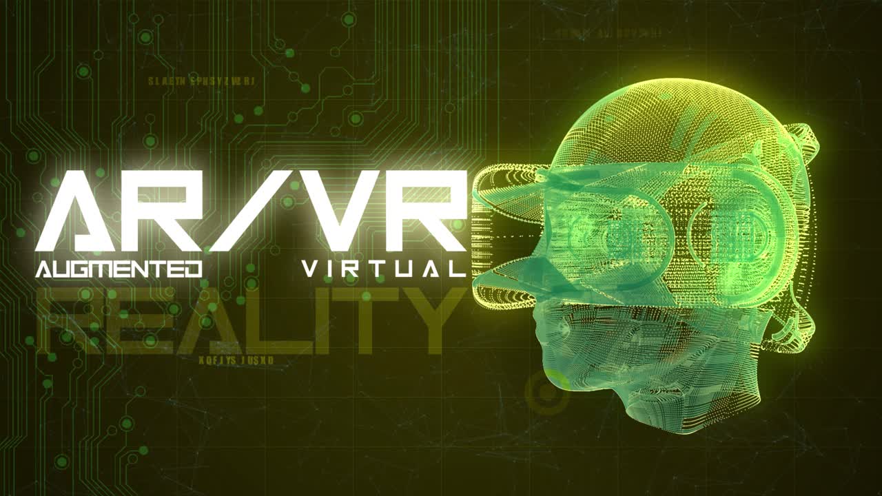 High quality VFX graphics animation depicting emerging technology in the Virtual Reality Augumented Reality space, with spinning head with VR goggles, abstract plexus design, in yellow color scheme