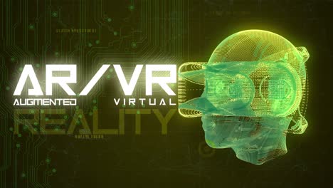 high quality vfx graphics animation depicting emerging technology in the virtual reality augumented reality space, with spinning head with vr goggles, abstract plexus design, in yellow color scheme