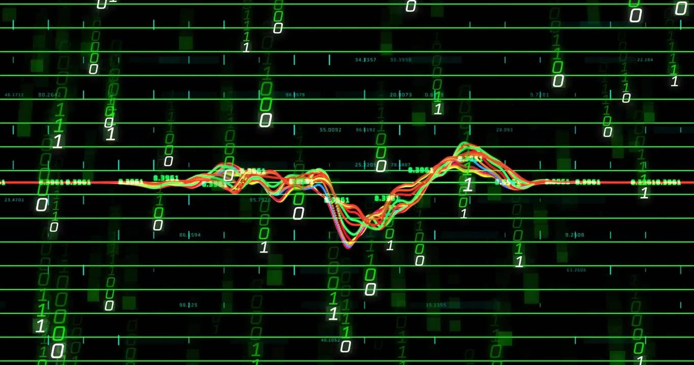 At start waveform splitting into colored peaks while binary digits falling visualizing data trends