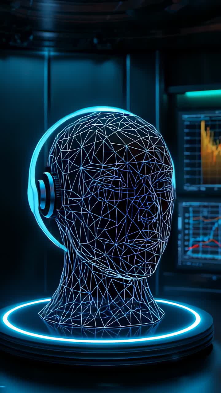 Vertical video: Initiating 3D head rotating on base in lab, with halo, headphones and data charts