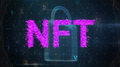animación de banner de texto nft púrpura contra el icono de candado de seguridad cibernética y procesamiento de datos.