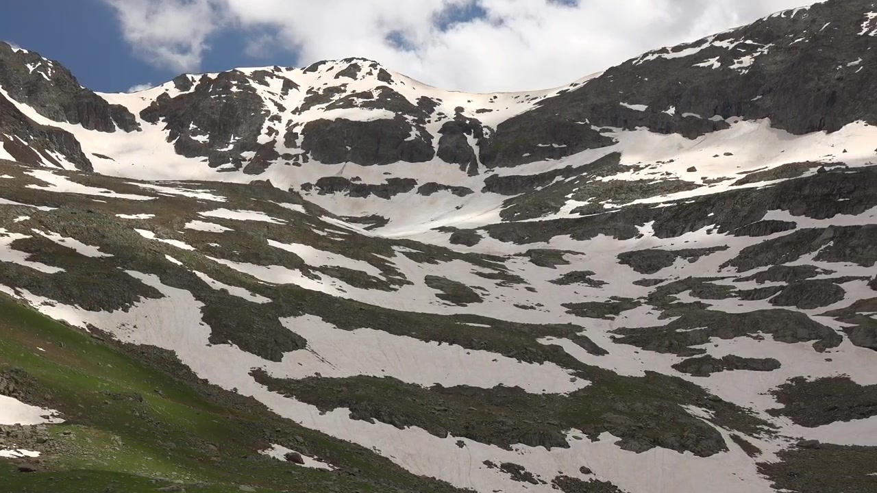 Parçalı Bulutlu Bir Gökyüzünün Altında Kar Kaplı Dağ Zirveleri