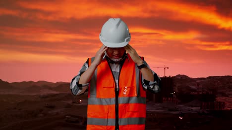 trabajador de la construcción con dolor de cabeza al atardecer