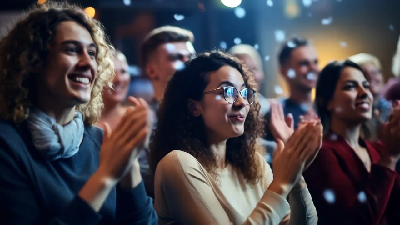 Una multitud animada aplaudiendo con sonrisas, capturada desde un ángulo frontal. La escena parece un video.