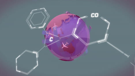 Animación-De-Fórmula-Química-Sobre-Globo-Terráqueo-Con-Aviones-Sobre-Fondo-Verde