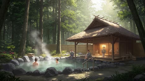 a serene retreat: two frames of a peaceful japanese onsen experience in a tranquil forest setting with soothing natural elements and relaxing atmosphere
