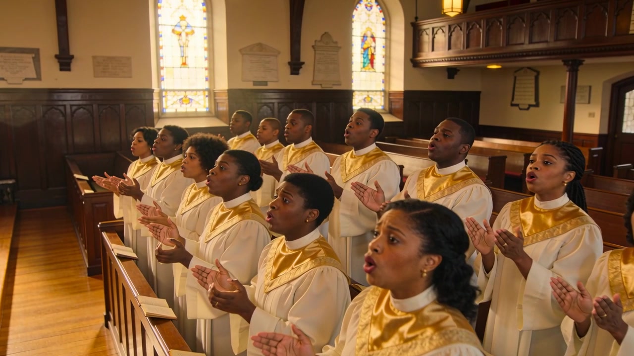 Clapping choir in white robes, gold stoles singing worship after conductor cue at sanctuary