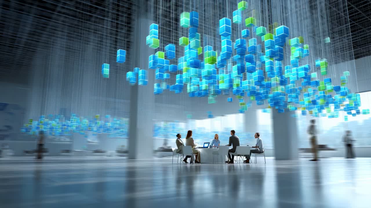 A Modern Conference Room Filled with Dynamic Hanging Blue and Green Cubes, Creating a Vibrant Atmosphere for Collaboration and Innovation Among Participants in a Contemporary Setting