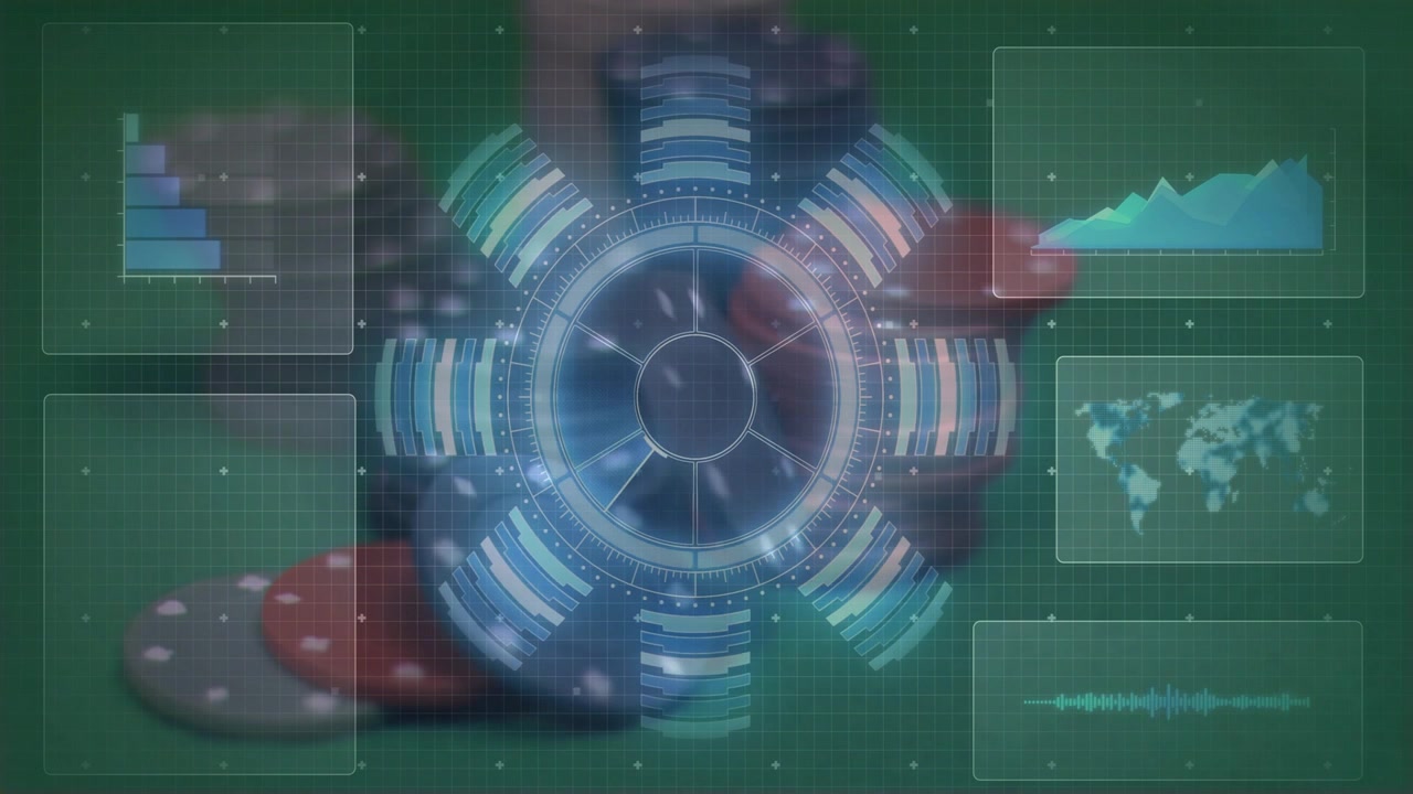 Hand appearing, adjusting chips, syncing holo ring pulsing, panels updating, showing game data