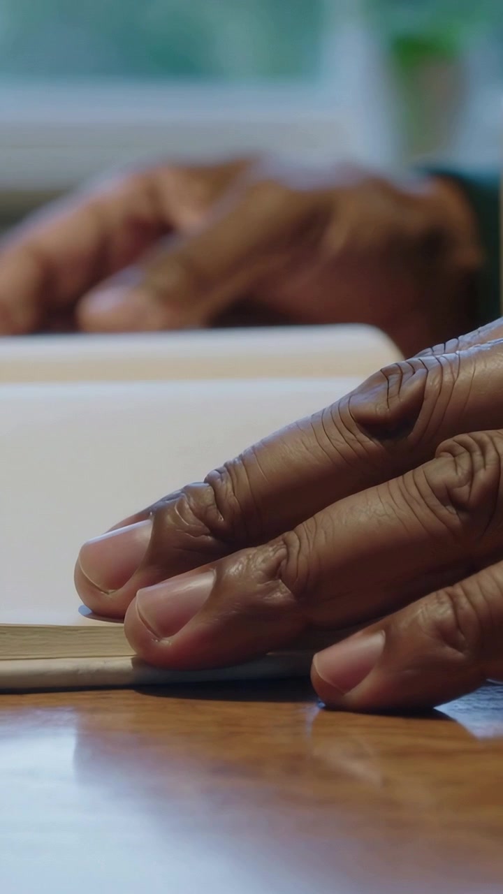 Vertical video: Noticing notebook, man's hands sliding pages at wood table by window, to read