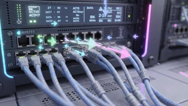 High-Tech Data Center with Routers and Cables Showcasing Network Connectivity and Information Flow in a Modern Server Environment