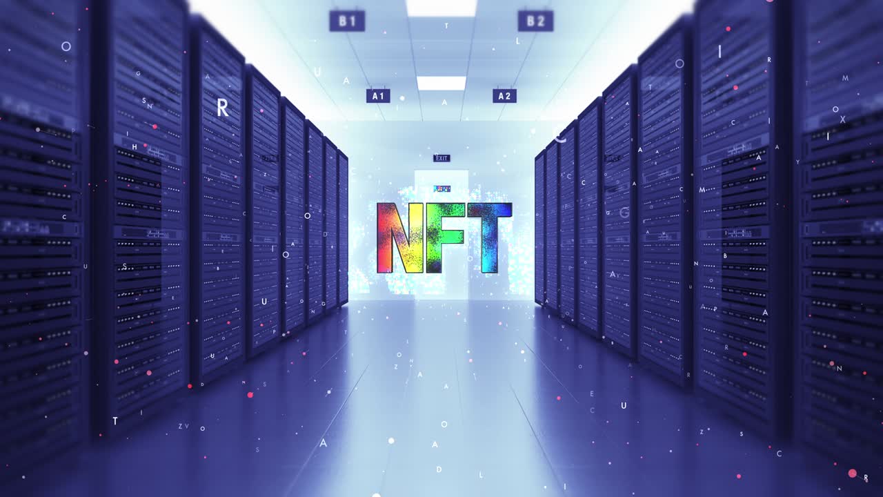 Colorful NFT Token Art Symbol In Futuristic Datacenter.