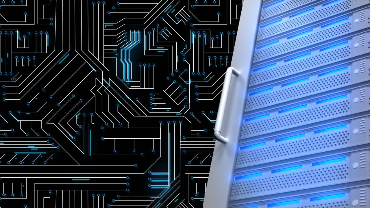 servidor de computadora y placa de circuito azul brillante