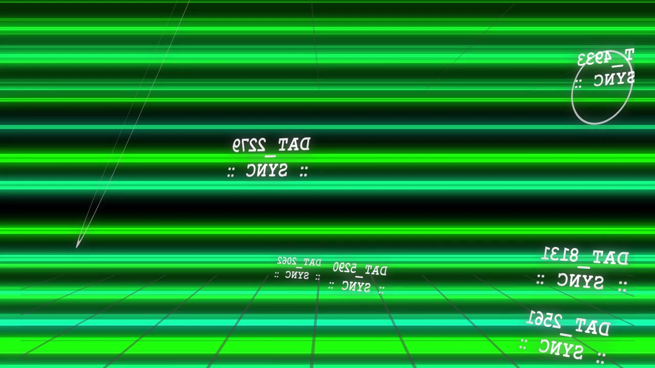 Scanline al neon che generano loop bianchi e impilano etichette mentre una banda verde attraversa, mostrando dati tecnici.