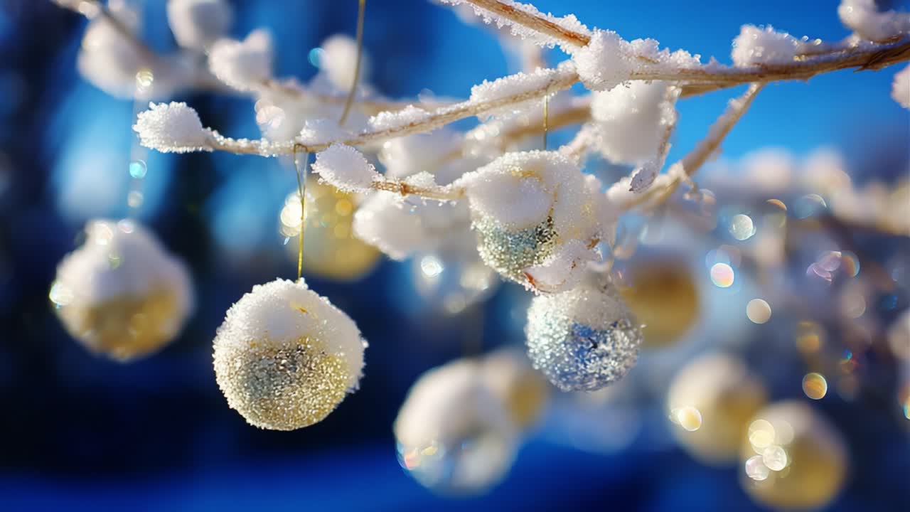 A Magical Winter Scene Featuring Glimmering Ornaments Adorned with Snow on a Branch Against a Crisp Blue Sky, Capturing the Essence of the Holiday Season and the Beauty of Winter Decorations
