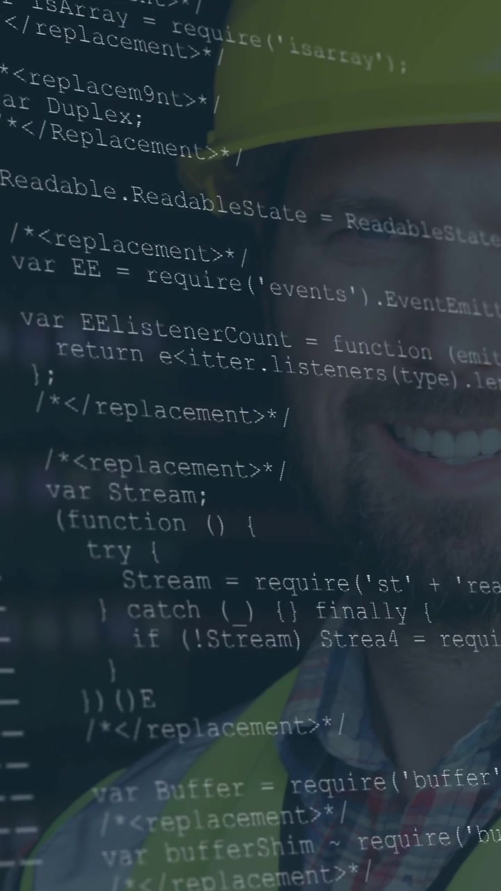 Vertical video: Site worker wearing vest hat arms crossed, code scrolling left showing safety data