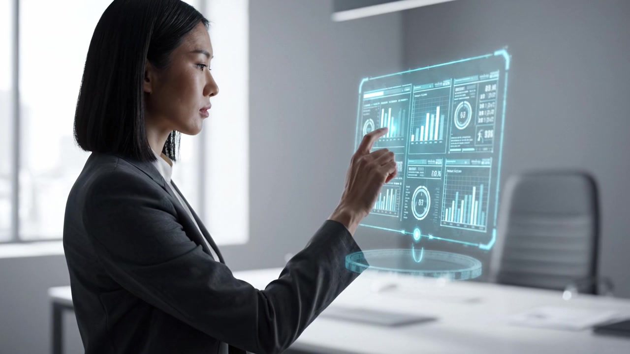 A Professional Woman Engaging with Holographic Data Visualization in a Modern Office Setting, Signifying Innovation and Future Technology Integration