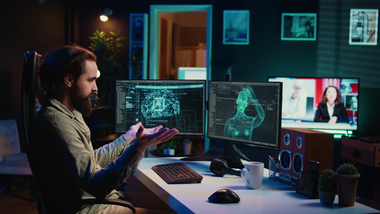 Selvbevidst AI får antropomorf form i cyberspace, vinkende med hånden.