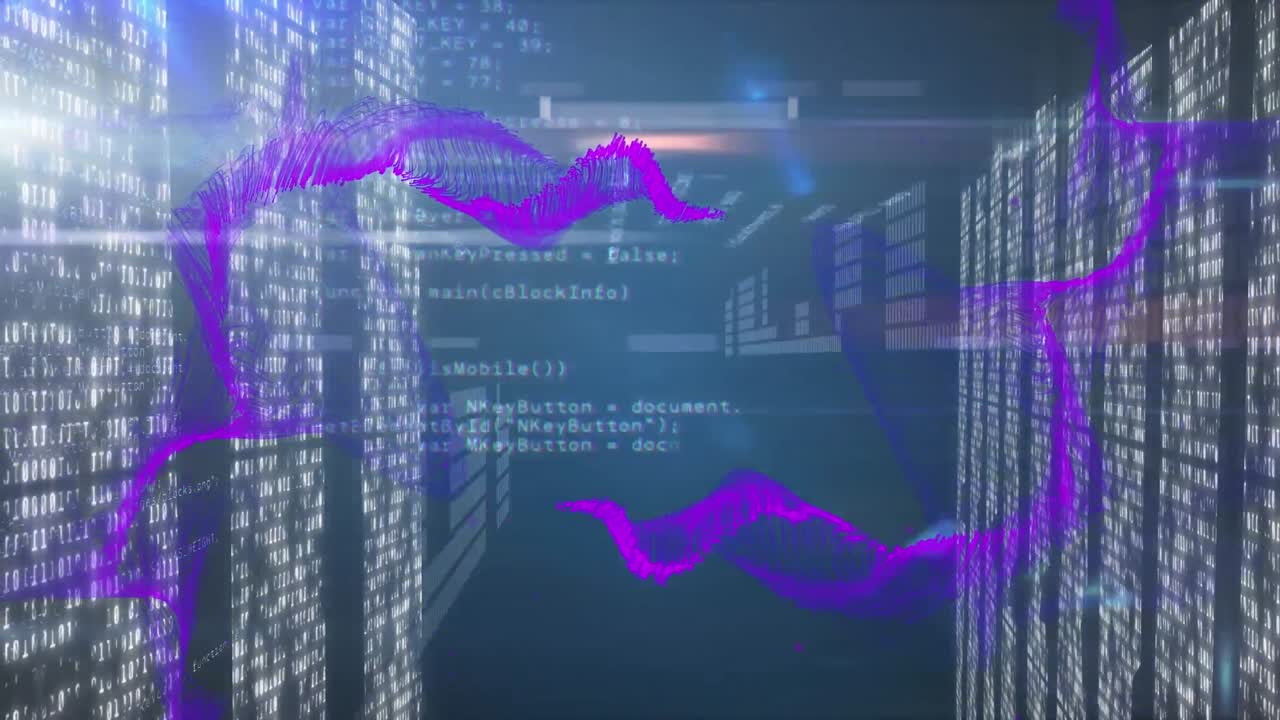 Animation of data processing and shapes on blue background