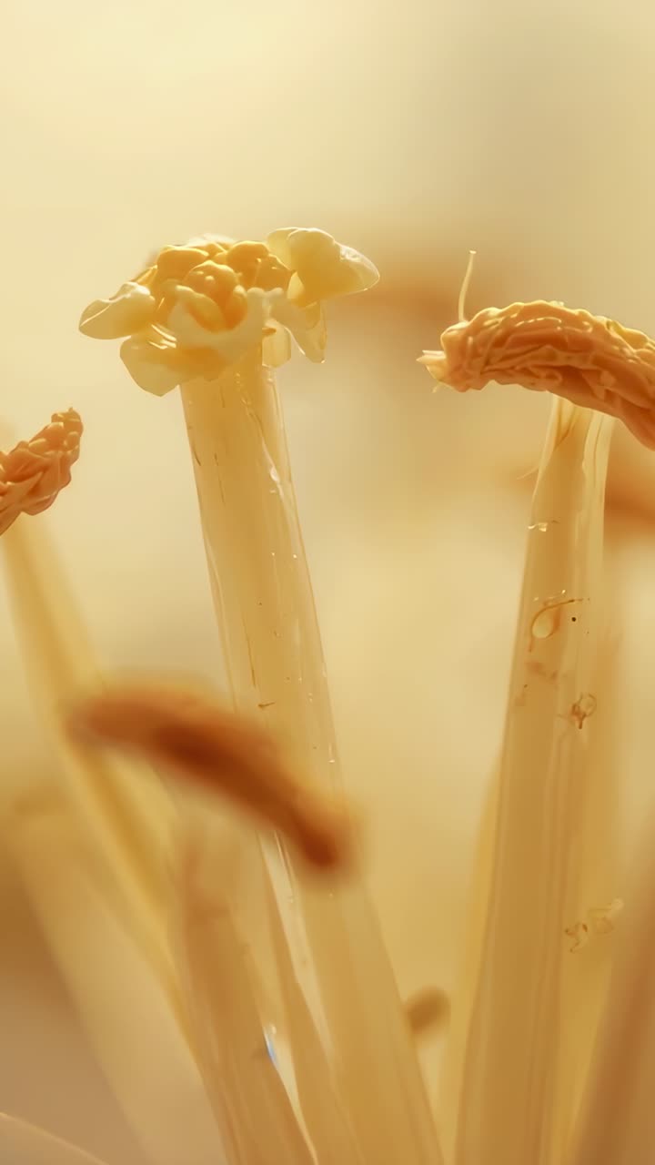 Vertical video: Pulling focus lens revealing central stamen anthers amid warm bokeh with droplets