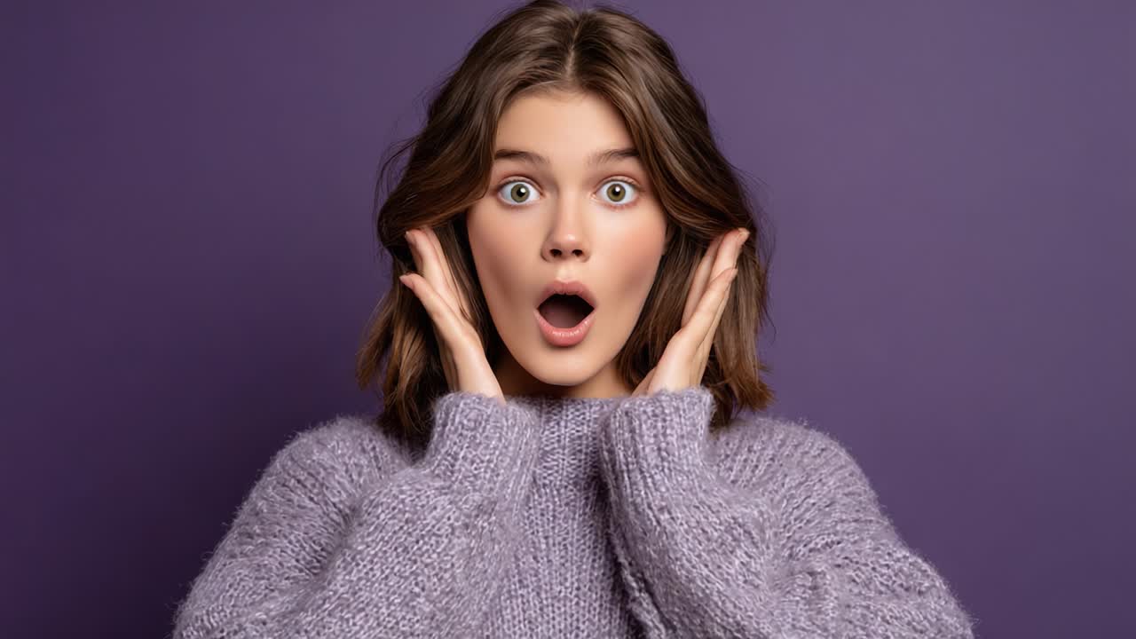 Expressions of Surprise and Calm: A Young Woman Captured in Two Frames, Going from Shock to Serenity Against a Purple Background