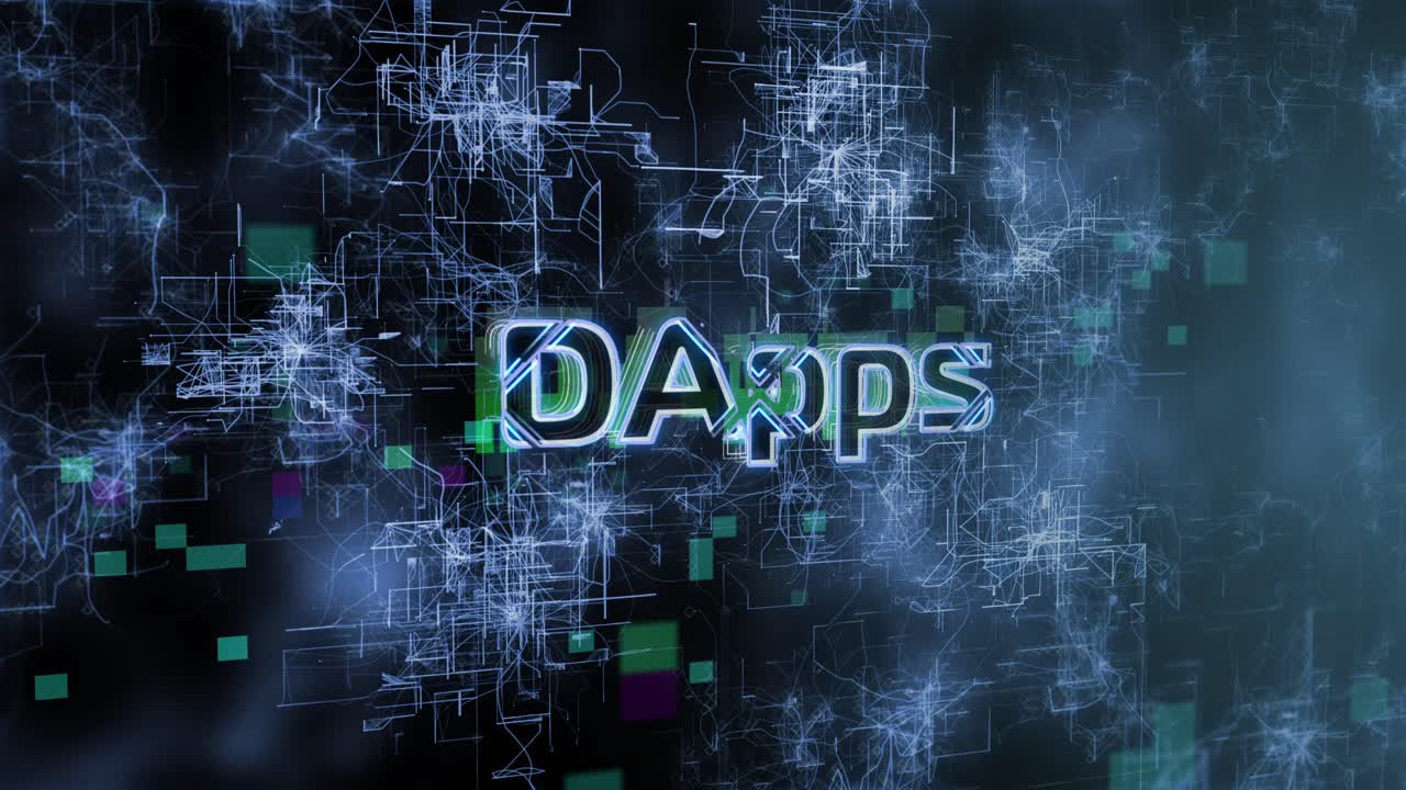 el texto del concepto de dapps revela la animación con la representación 3d de fondo abstracto digital para blockchain, metaverse, cryptocurrency
