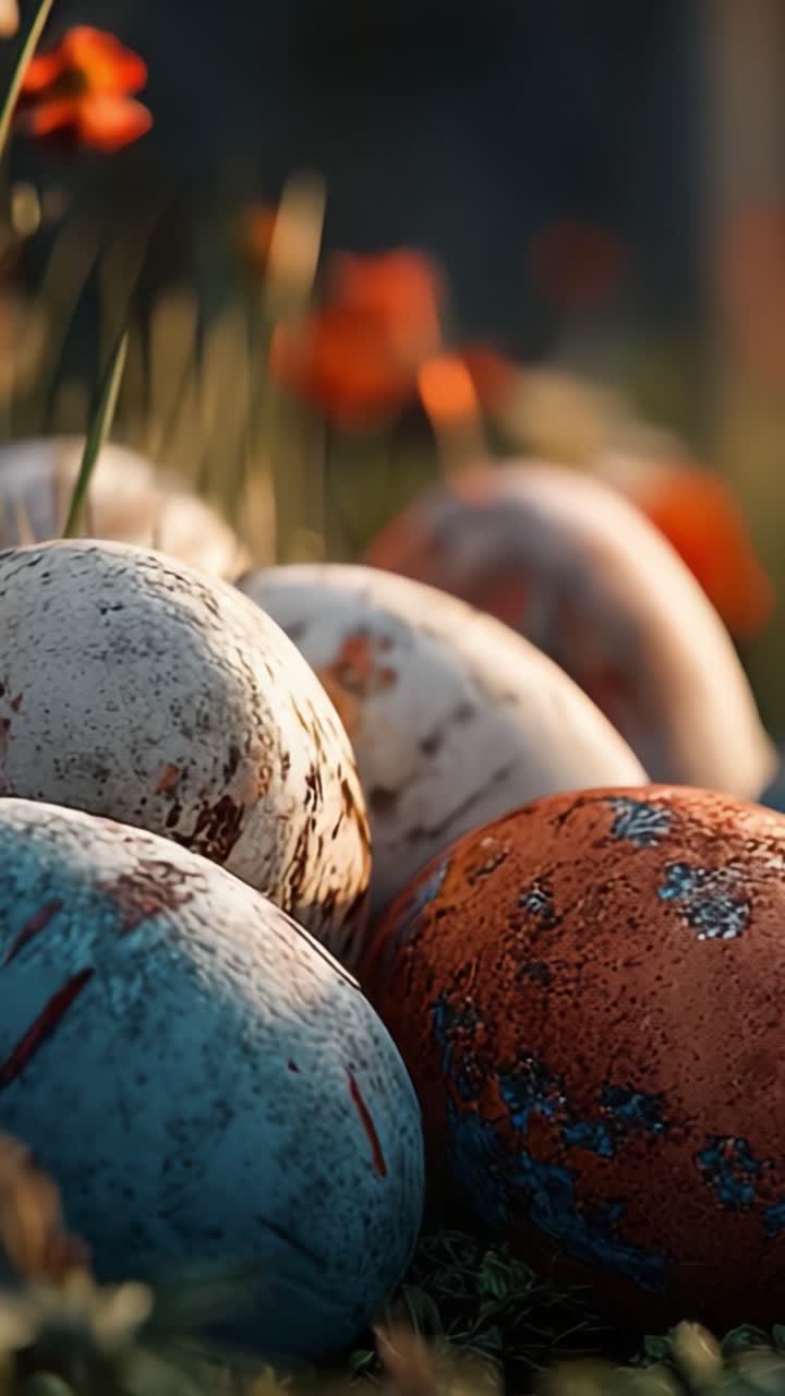A Stunning Close-Up of Colorful Decorative Eggs Nestled Amongst Vibrant Wildflowers, Showcasing Unique Patterns and Textures in a Serene Natural Setting