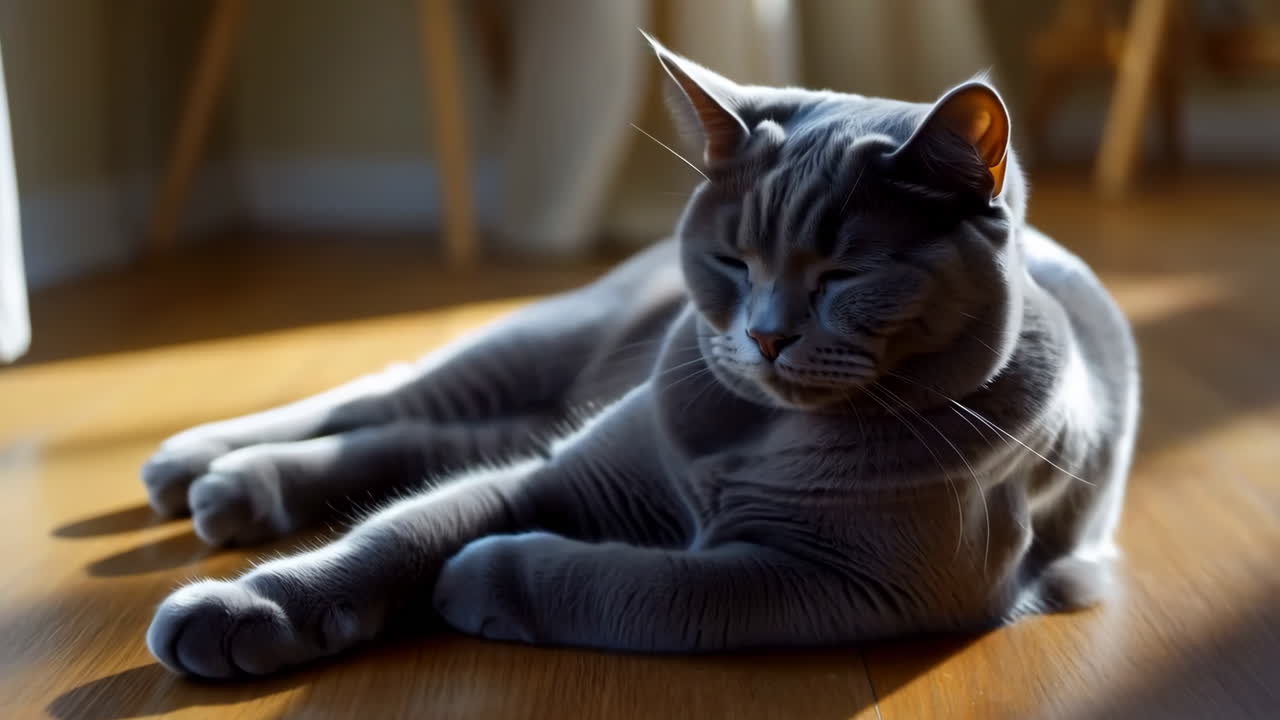 Un gatto grigio che dorme sul pavimento di legno