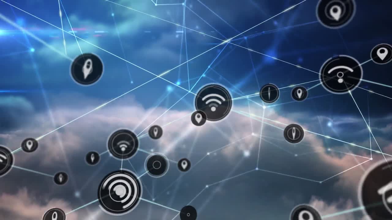 animación de la red de conexiones con iconos sobre el cielo y las nubes