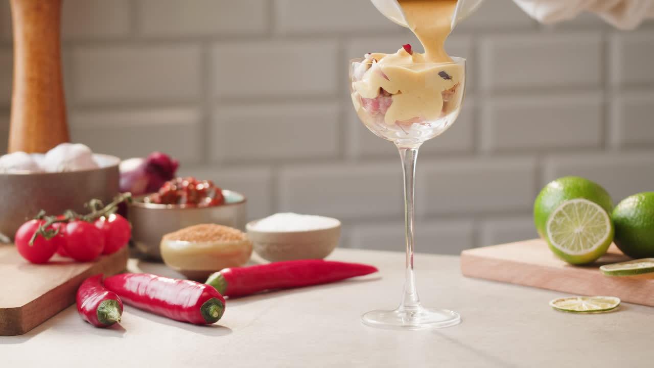 Preparing a layered dessert with sauce