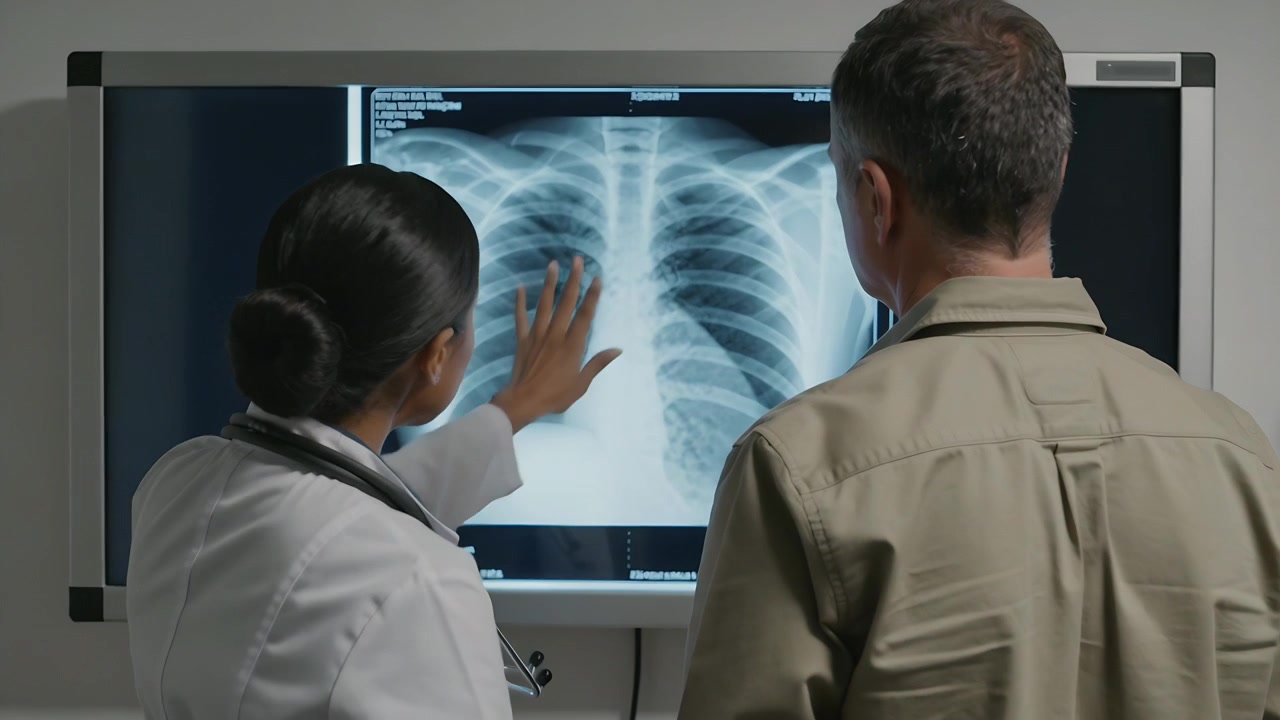 Pointing clinician explaining chest X-ray to patient at radiology display, lab coat, stethoscope