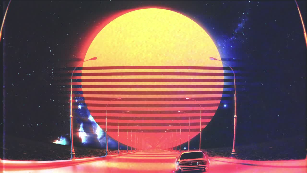 fondo de vídeo de música de onda sintética, paseo en coche contra la luna grande, la televisión distorsionada