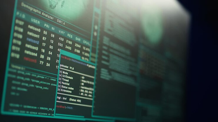 Close up shot of dangerous hacking code running on computer system monitors