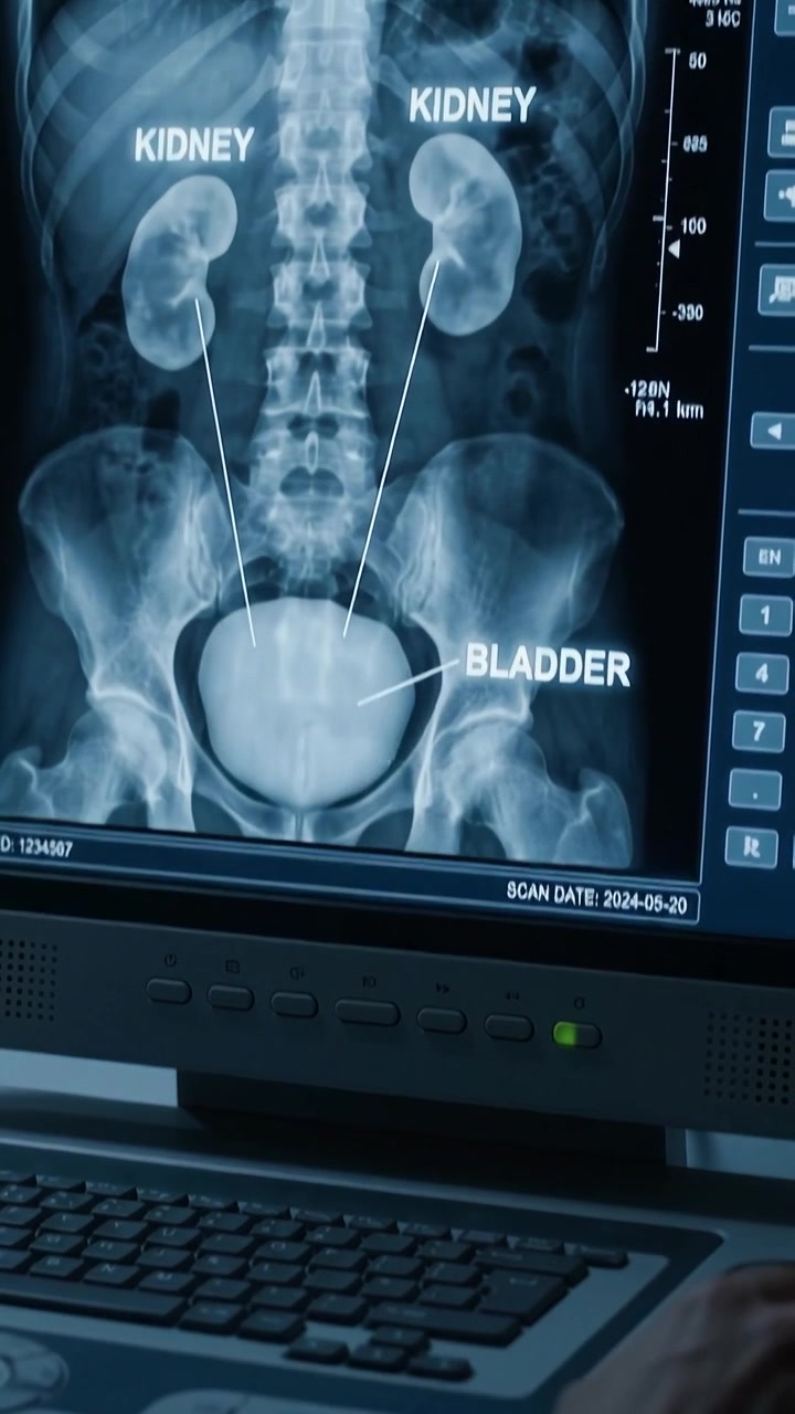 Radiologist Examining Kidney and Bladder X-ray on Medical Monitor