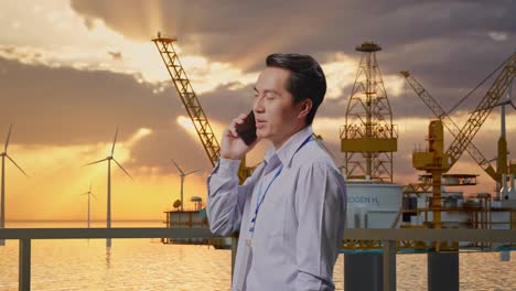 side view asian male professional worker standing with offshore hydrogen production, high-tech industrial facility, he pick the phone up and started to specking to it with a slicely smile