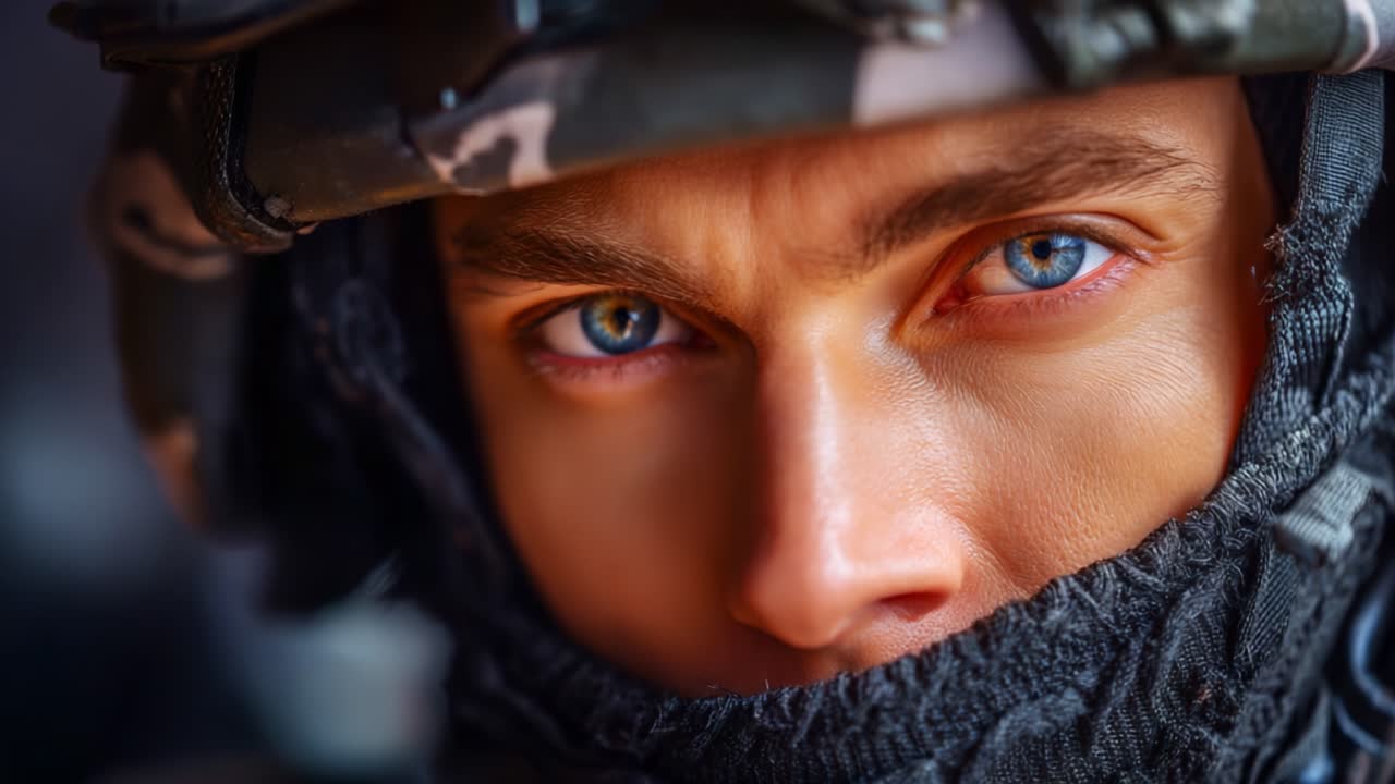 Intense Close-Up of a Soldier's Face with Striking Blue Eyes, Helmet, and Tactical Gear, Capturing the Determination and Focus in a High-Pressure Environment