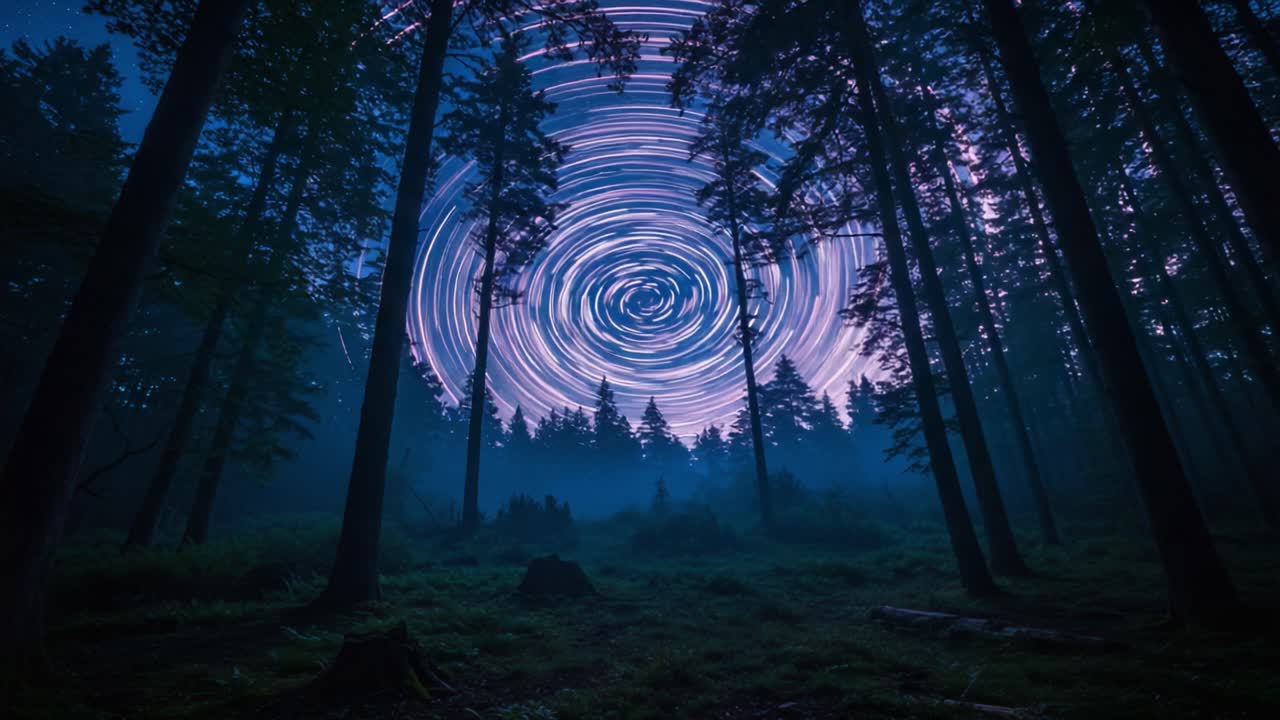 Captivating Night Sky: A Stunning Time-Lapse Obsession Featuring Mesmerizing Star Trails Above a Serene Forest Landscape