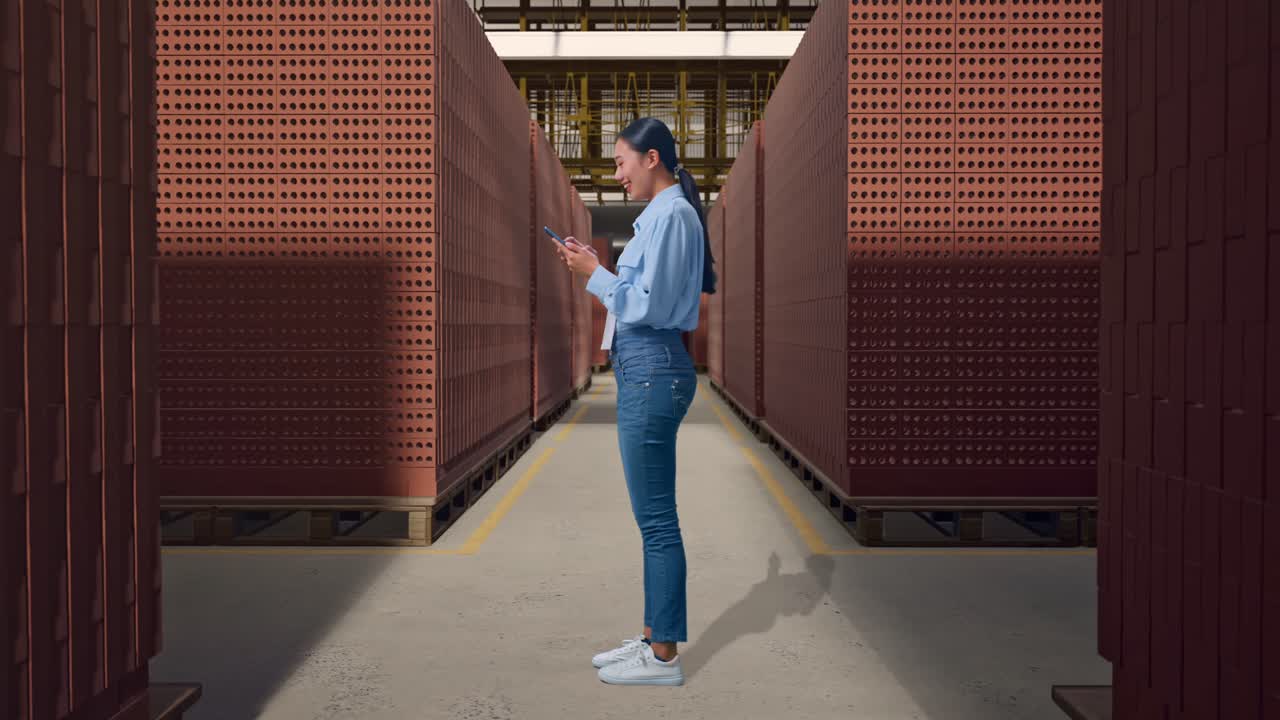 Full Body Side View Of Asian Female With Her Phone With Red Brick Packed in Stacks Are Stored, Working Continuously With Her Phone