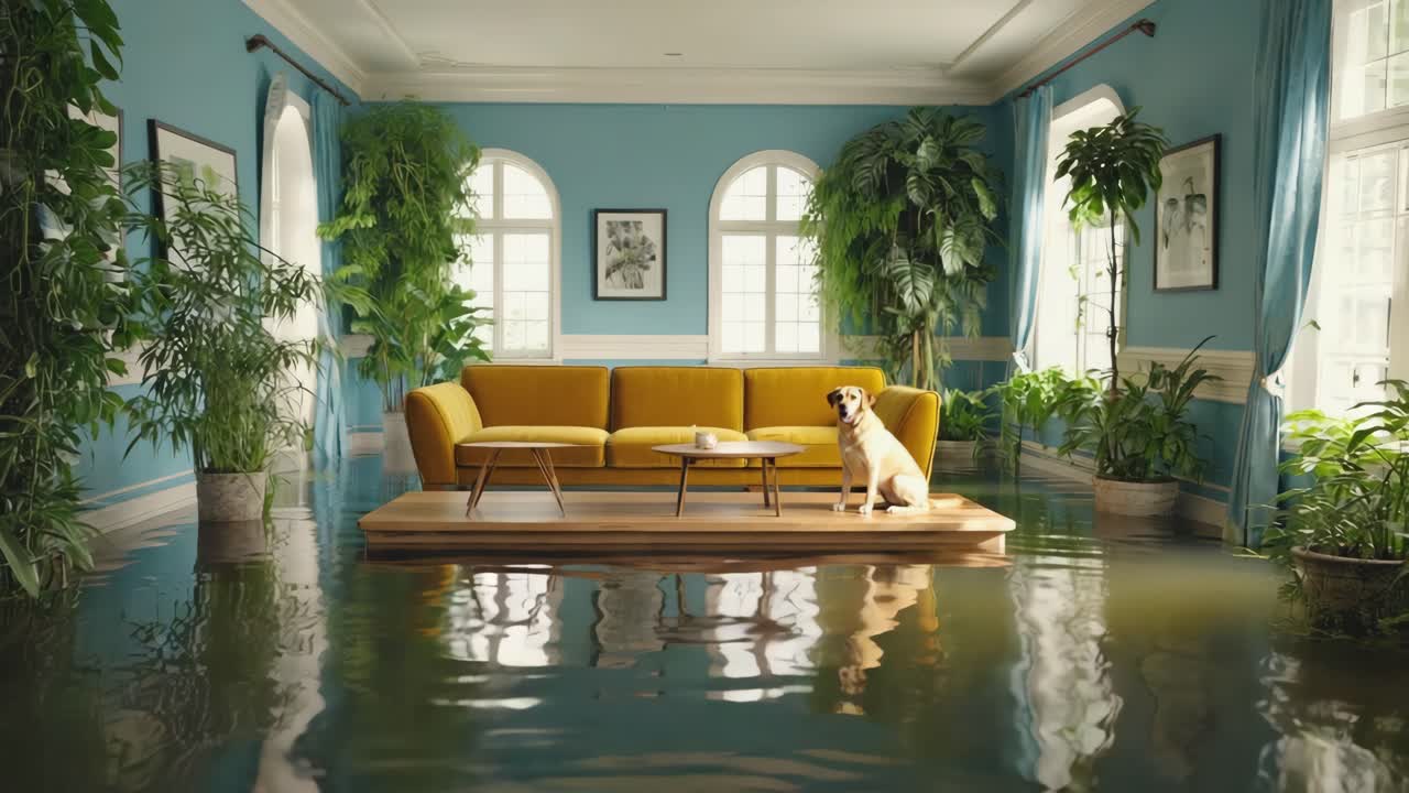 A Flooded Living Room with a Dog Sitting on a Table