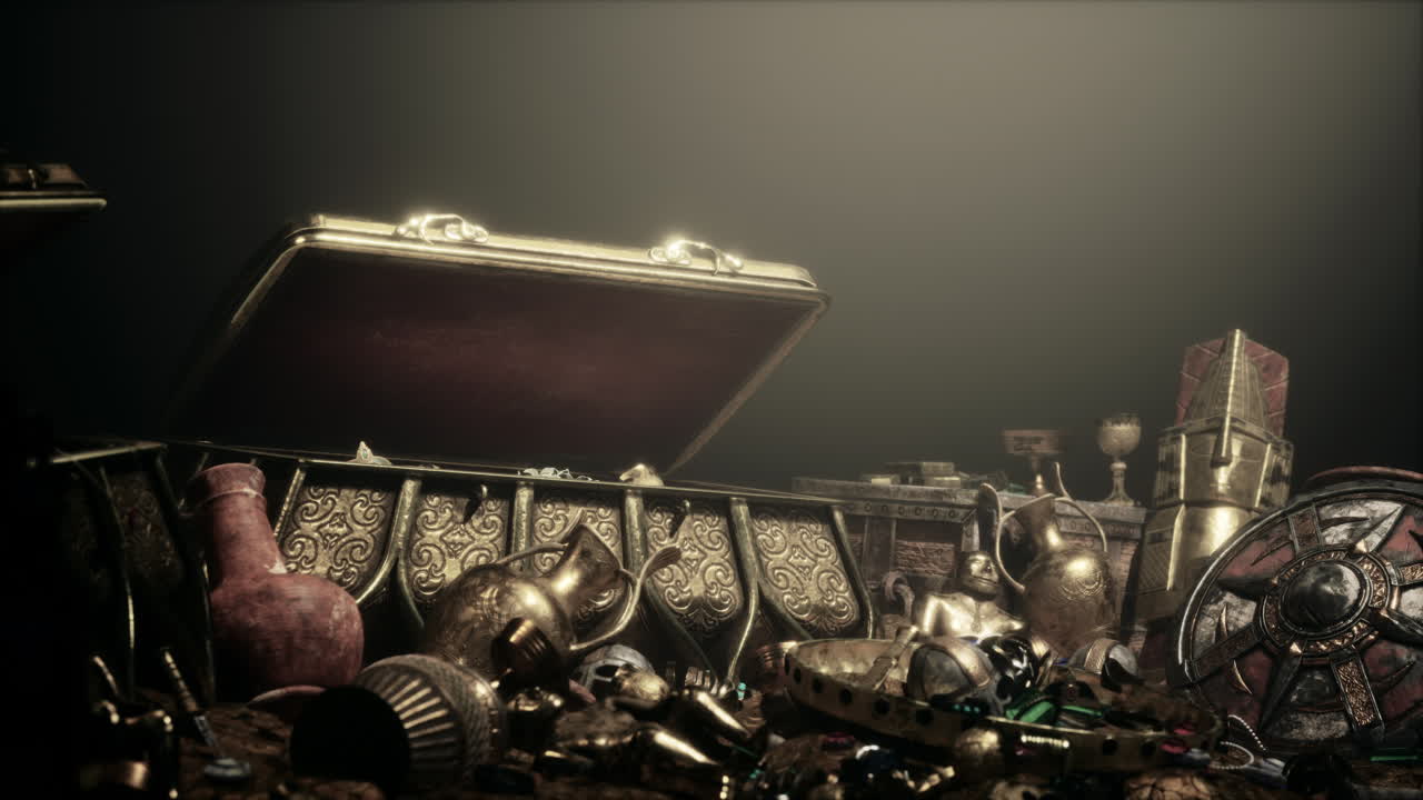 금과 유물로 가득 찬 고대 보물 상자