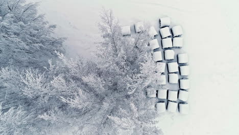 Top-down-aerial-view-of-hay-bales-on-a-farmers-field-covered-in-snow