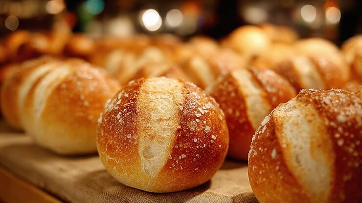 A Beautiful Array of Freshly Baked Bread Rolls, Highlighting Their Golden Crusts and Fluffy Interiors, Perfectly Arranged for Display in a Cozy Bakery Setting