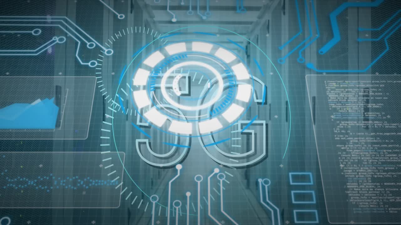 animación de escaneo de alcance con texto de 5g sobre la sala del servidor