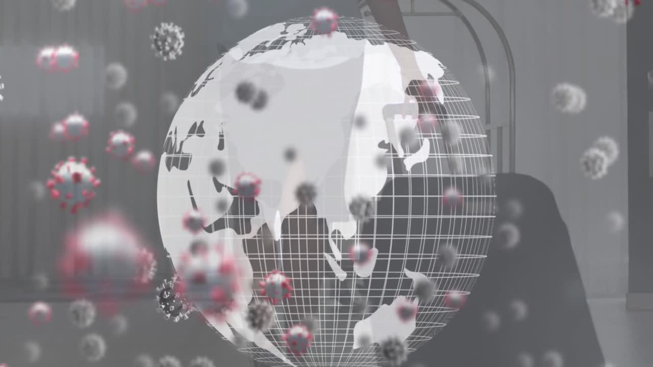 전 세계에 있는 바이러스 세포의 애니메이션과 가방을 들고  ⁇ 는 여성